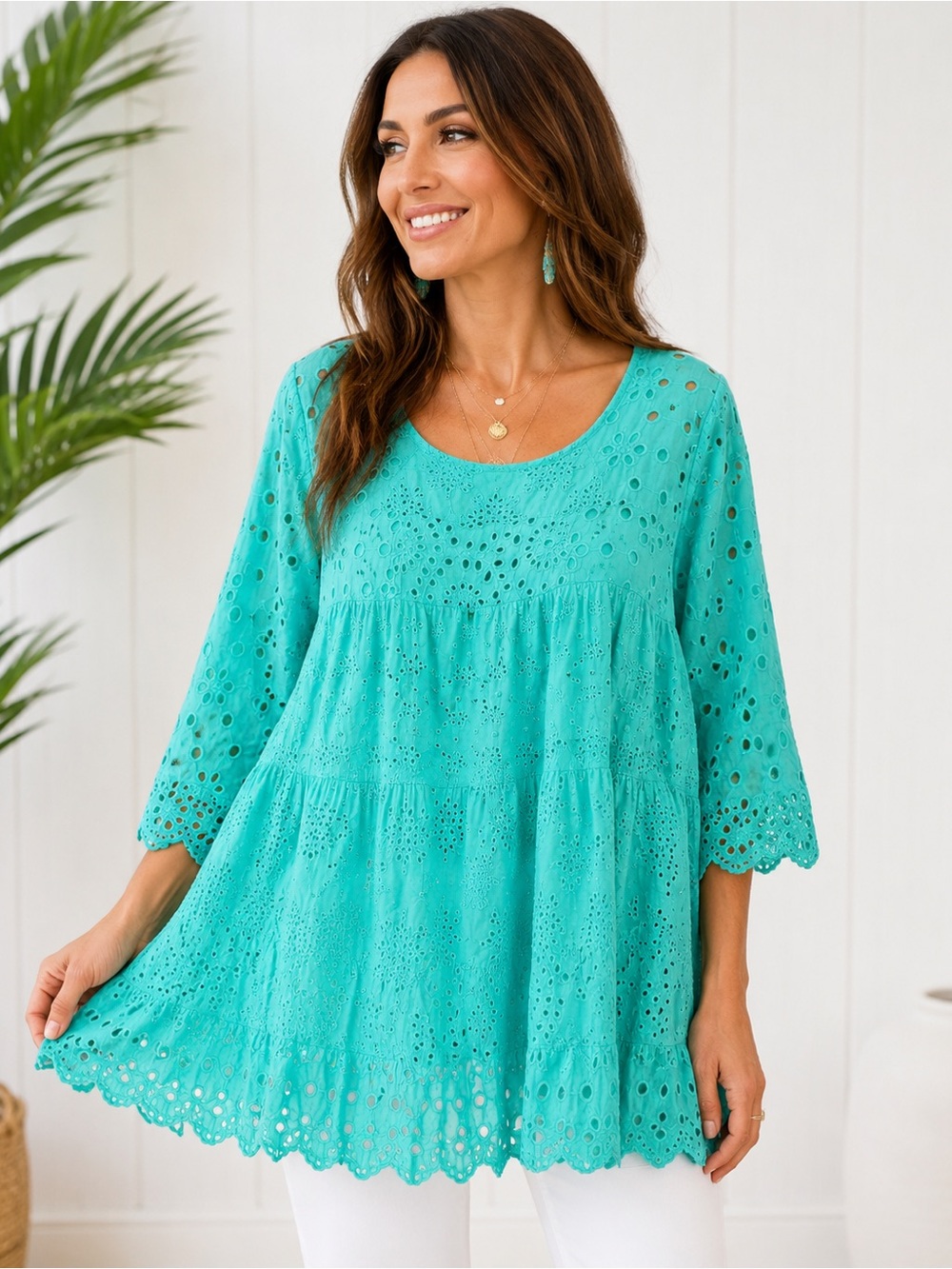 Johnny Was Turquoise eyelet tunic blouse
